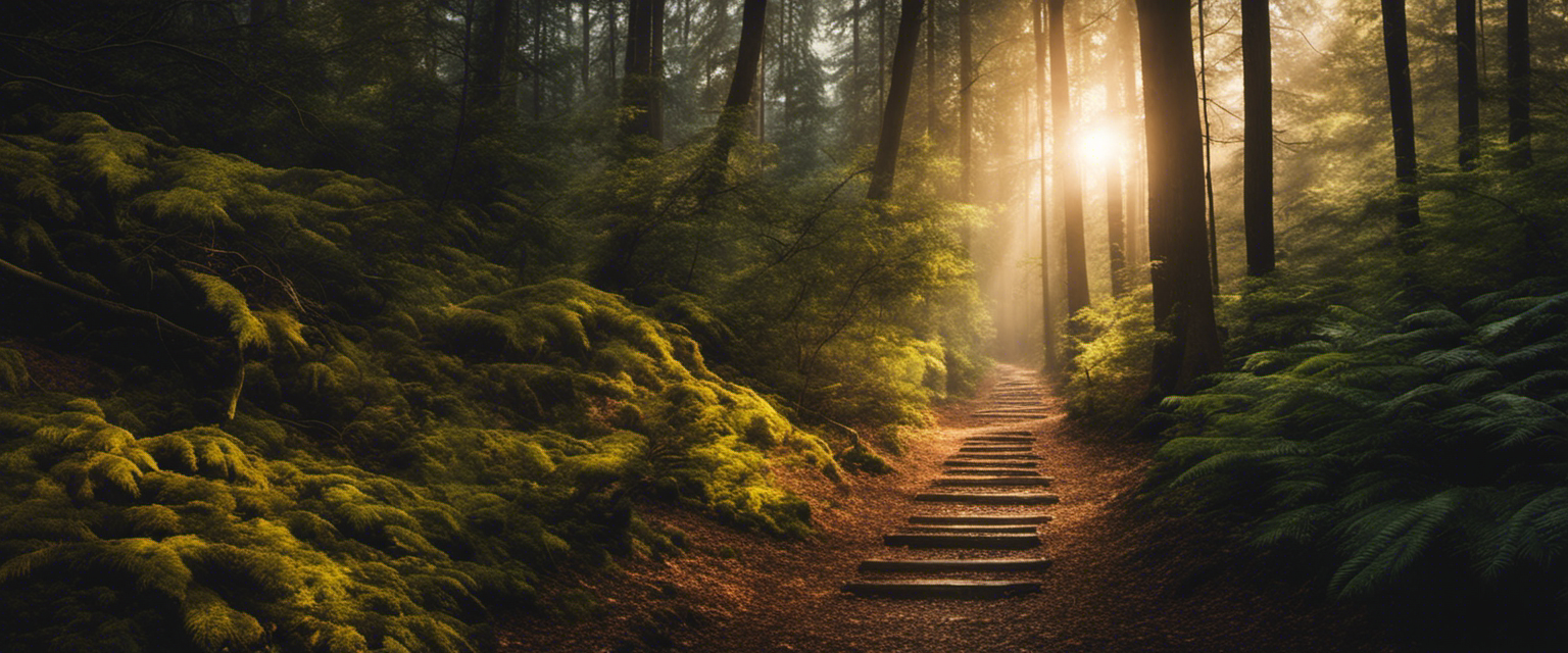 A path illuminated by a golden light leading through a dark forest