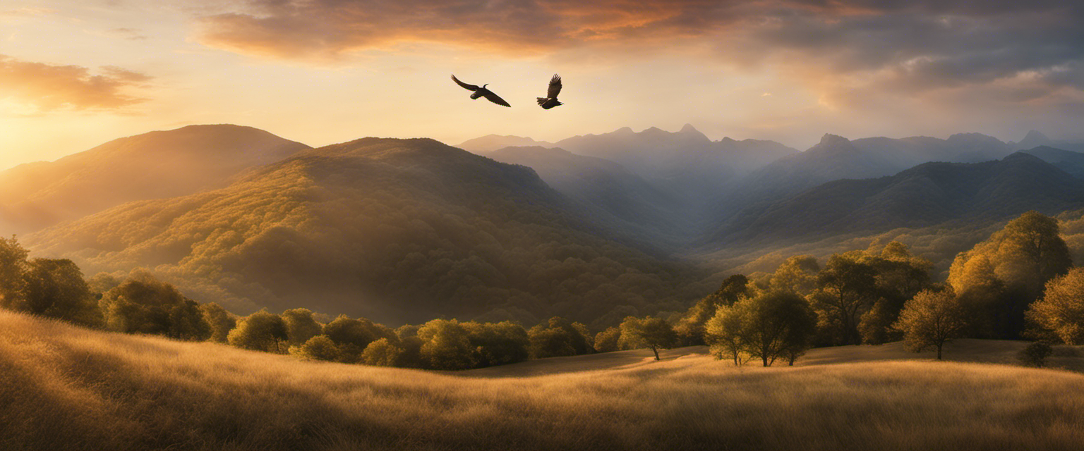 A serene landscape at dawn, with a bird soaring high in the sky