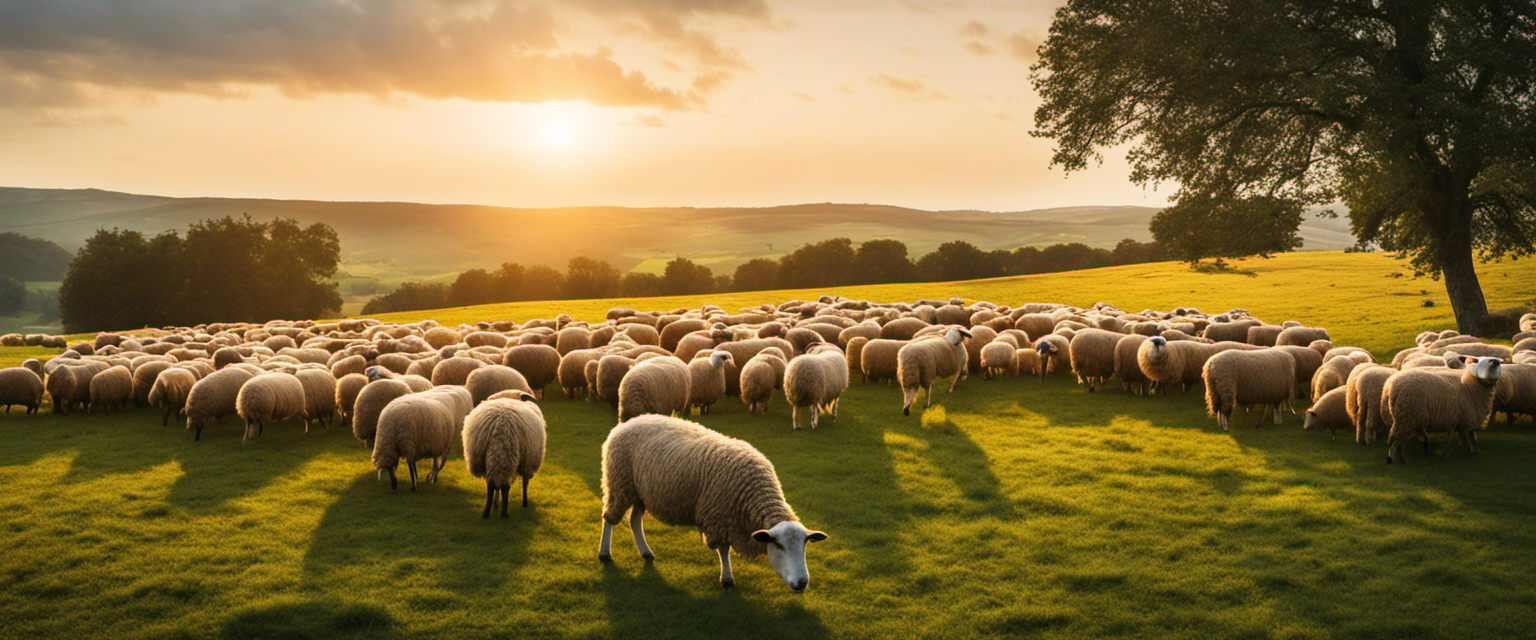 Sheep grazing in a lush green pasture at dawn