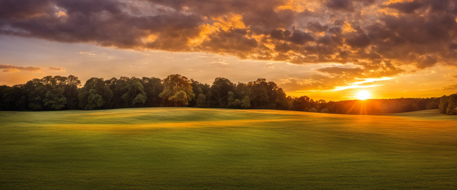 A tranquil pasture under a glowing sunset