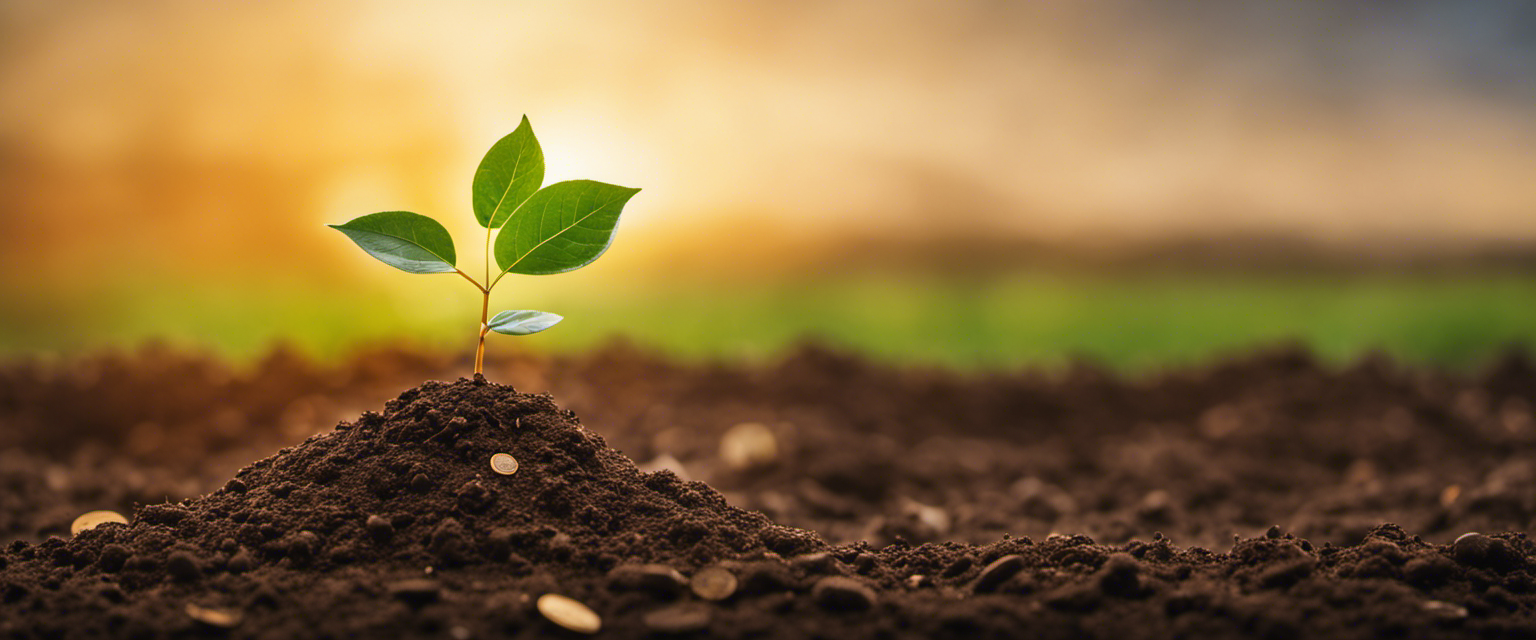 A serene scene of a sapling growing amidst golden coins on fertile soil