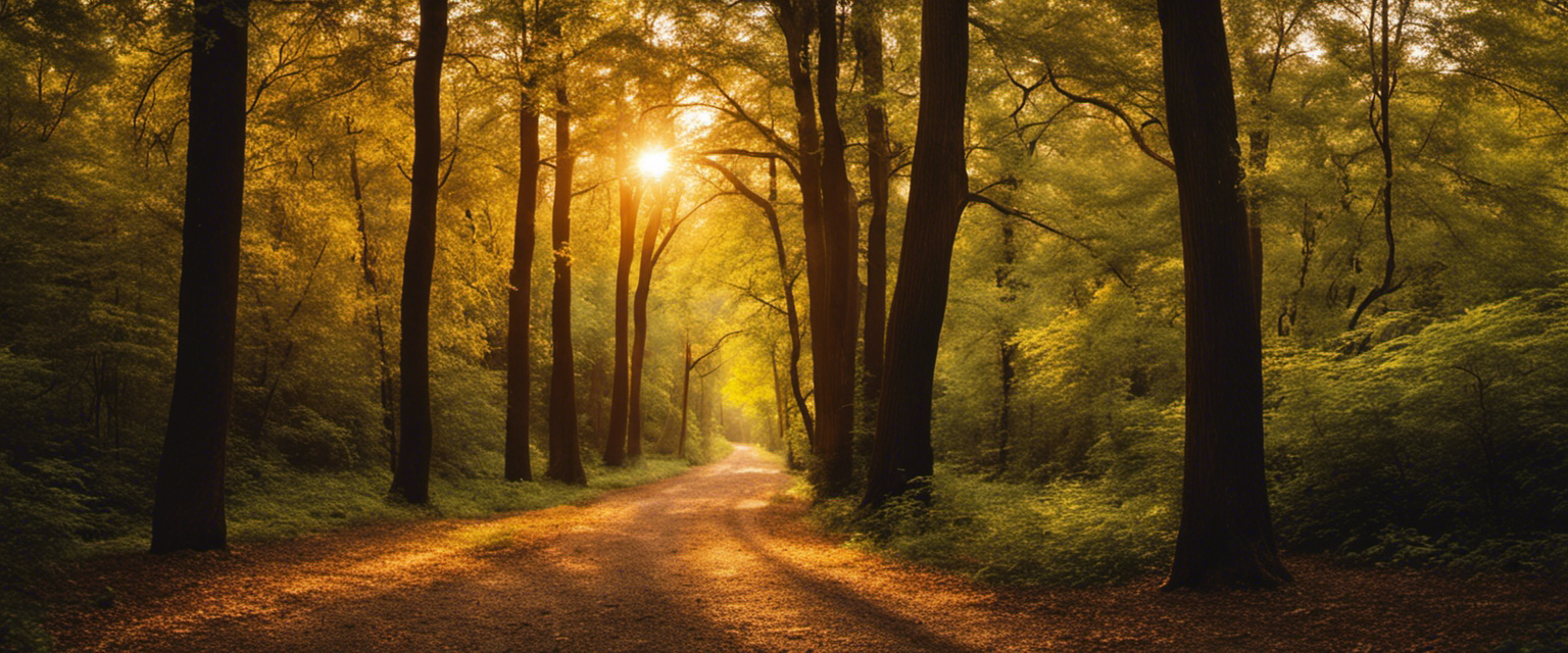 Lighted path through a lush forest