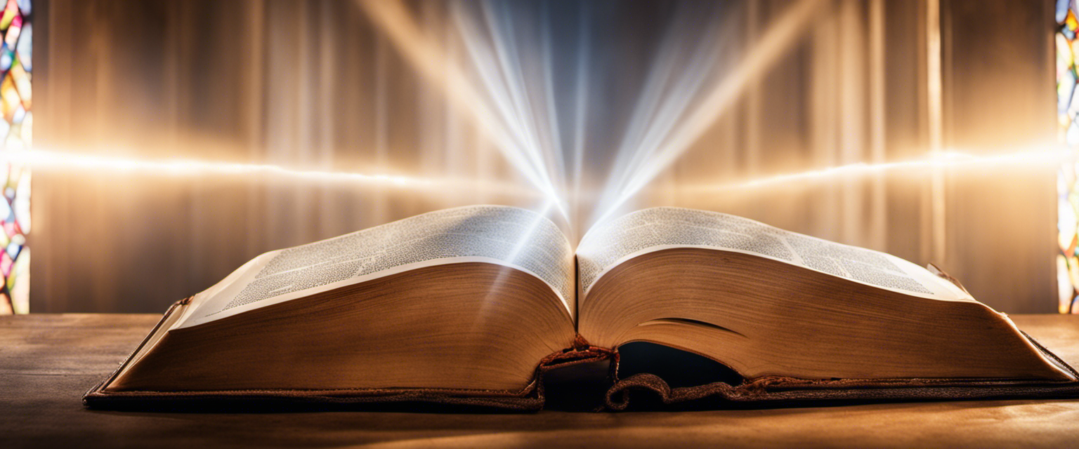 A beautifully bound Bible laid open, with rays of light streaming from its pages