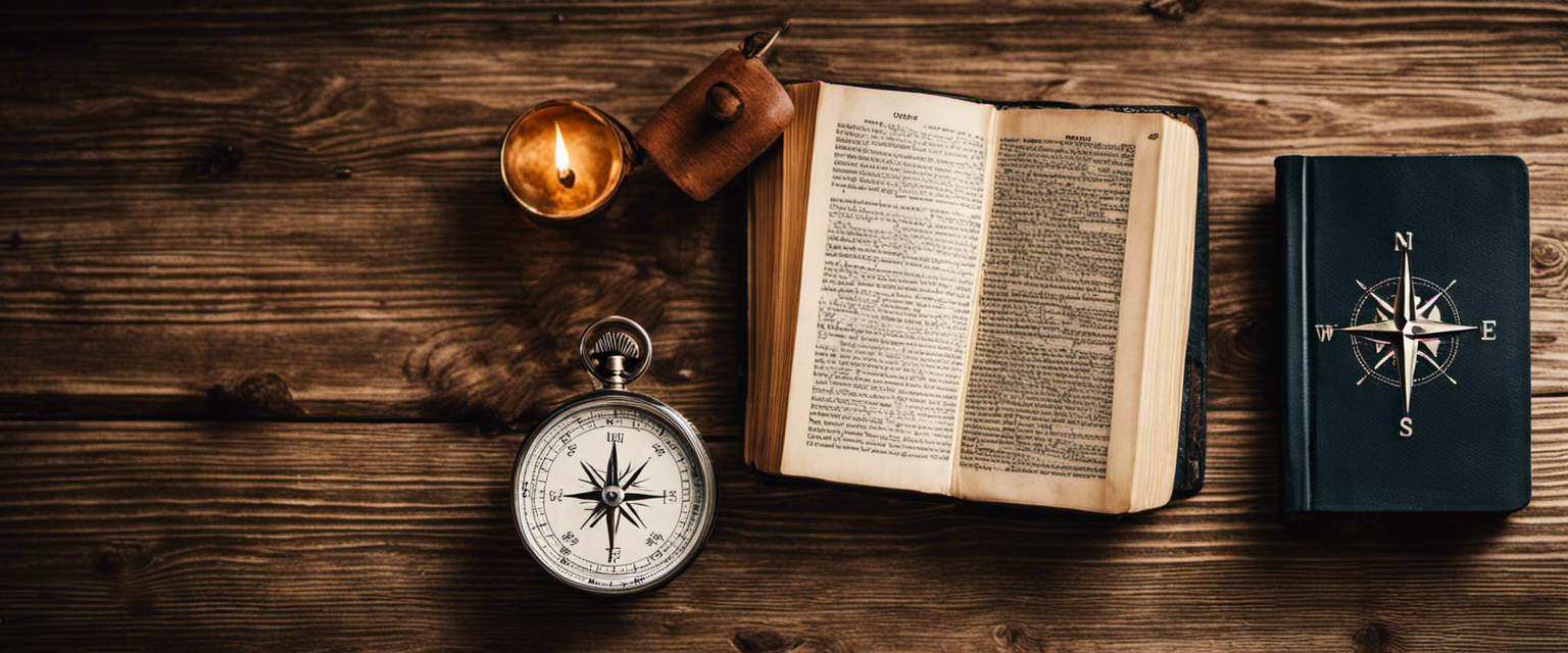 Bible and a compass on a rustic wooden table