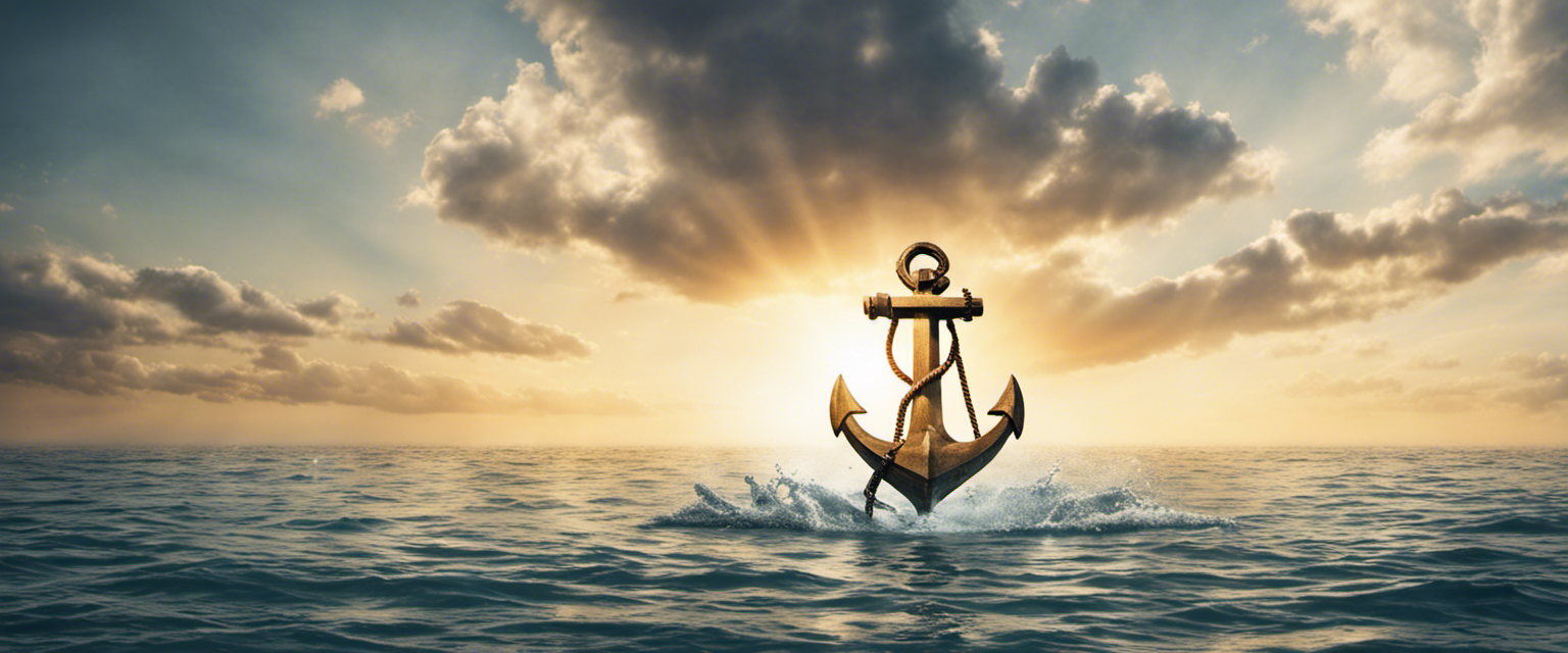 Alt Text: A depiction of an anchor immersed in calm waters under a sky filled with radiant light, symbolizing faith as our anchor in times of trials