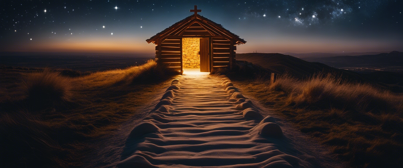 An illuminated pathway leading to a humble manger under a starlit sky.