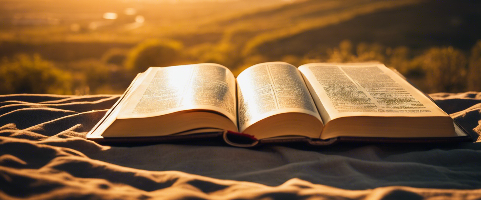 A Bible resting on a wooden table bathed in warm, golden sunlight