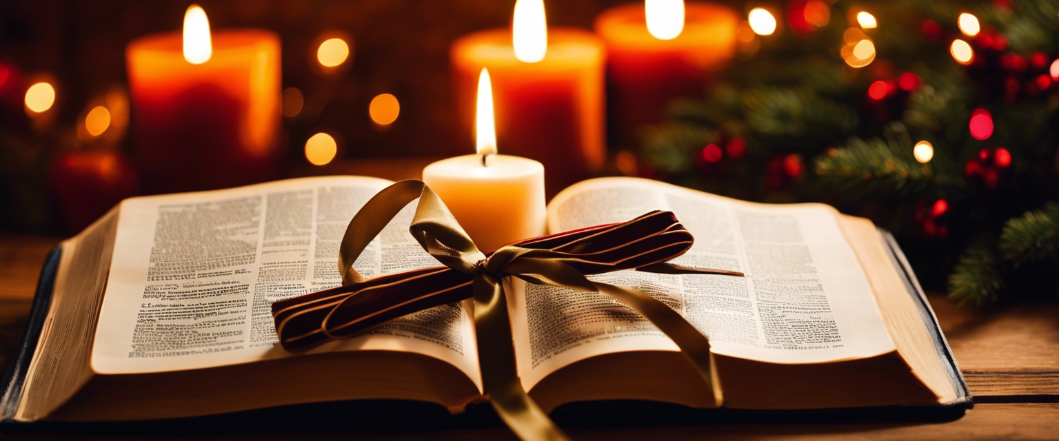 An open Bible bathed in soft, warm light, with an Advent wreath in the background