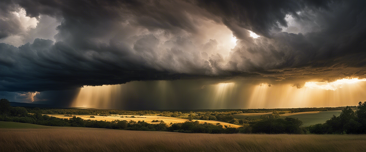 A radiant light breaking through storm clouds