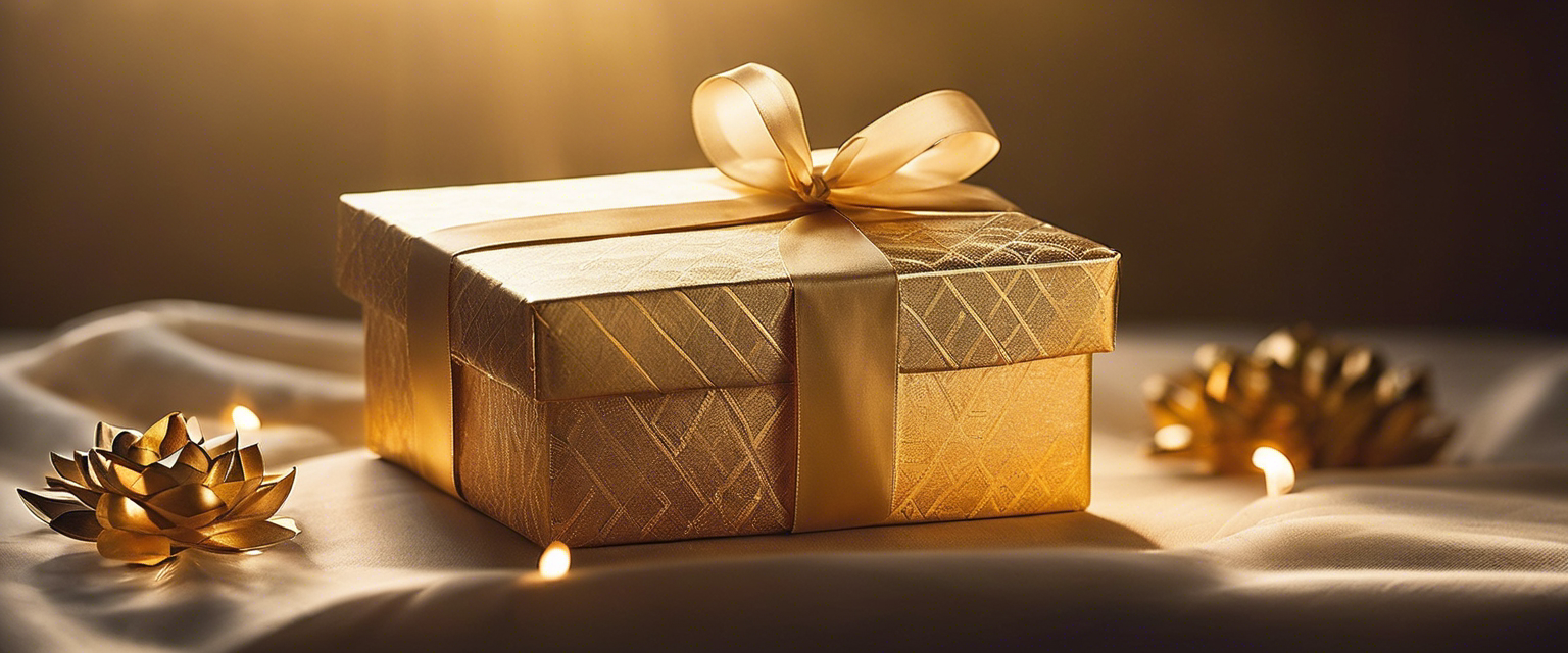 A beautifully wrapped gift box opened to reveal a radiant light