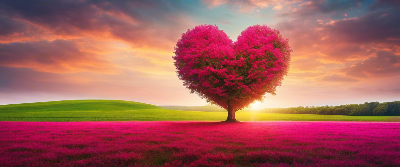 A vibrant heart-shaped tree in the middle of a lush field, representing the healing power of faith and scriptures