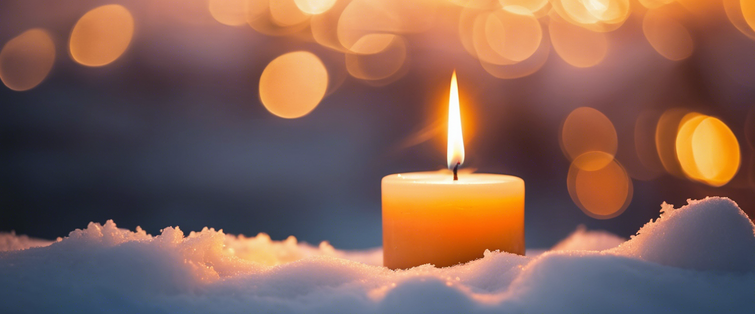 A comforting glow from a lit candle against a snowy winter backdrop