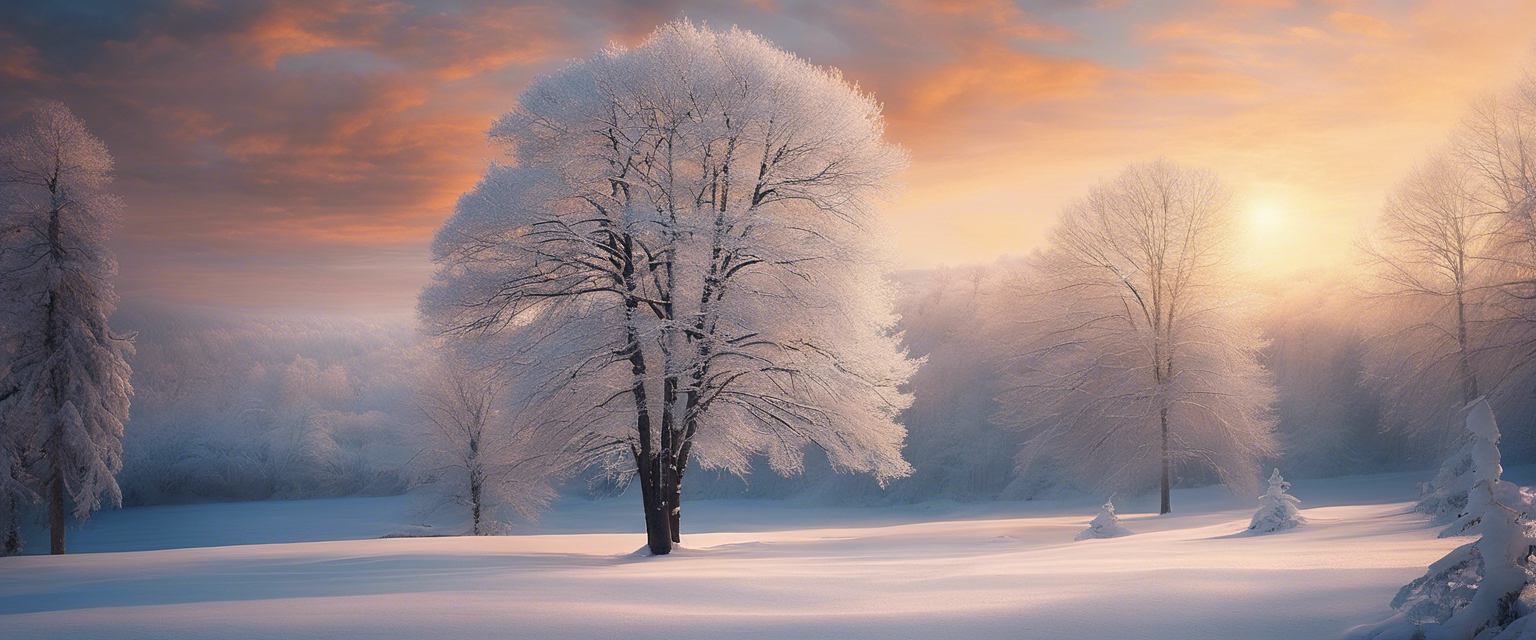 A serene winter scene illuminated by a soft glow