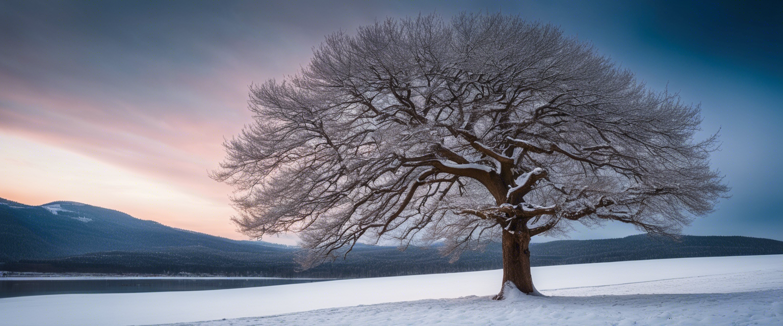 A tree standing tall in a winter landscape