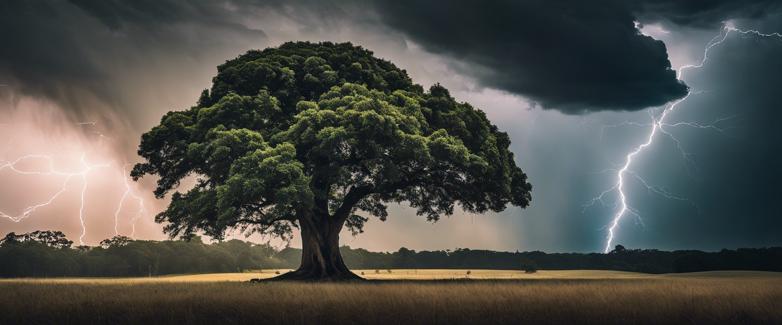 An unyielding tree standing firm amidst a storm