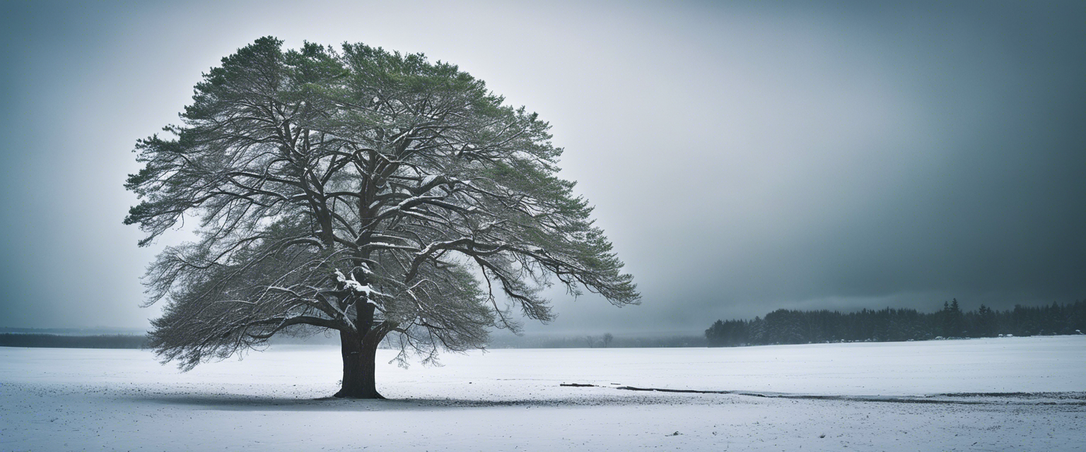 A resilient tree standing strong amidst a blizzard