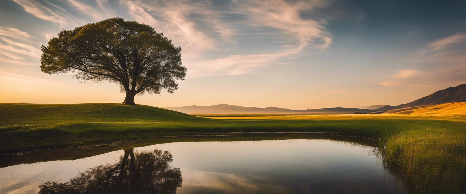 A tranquil scene with a lone tree standing strong amidst a calm landscape