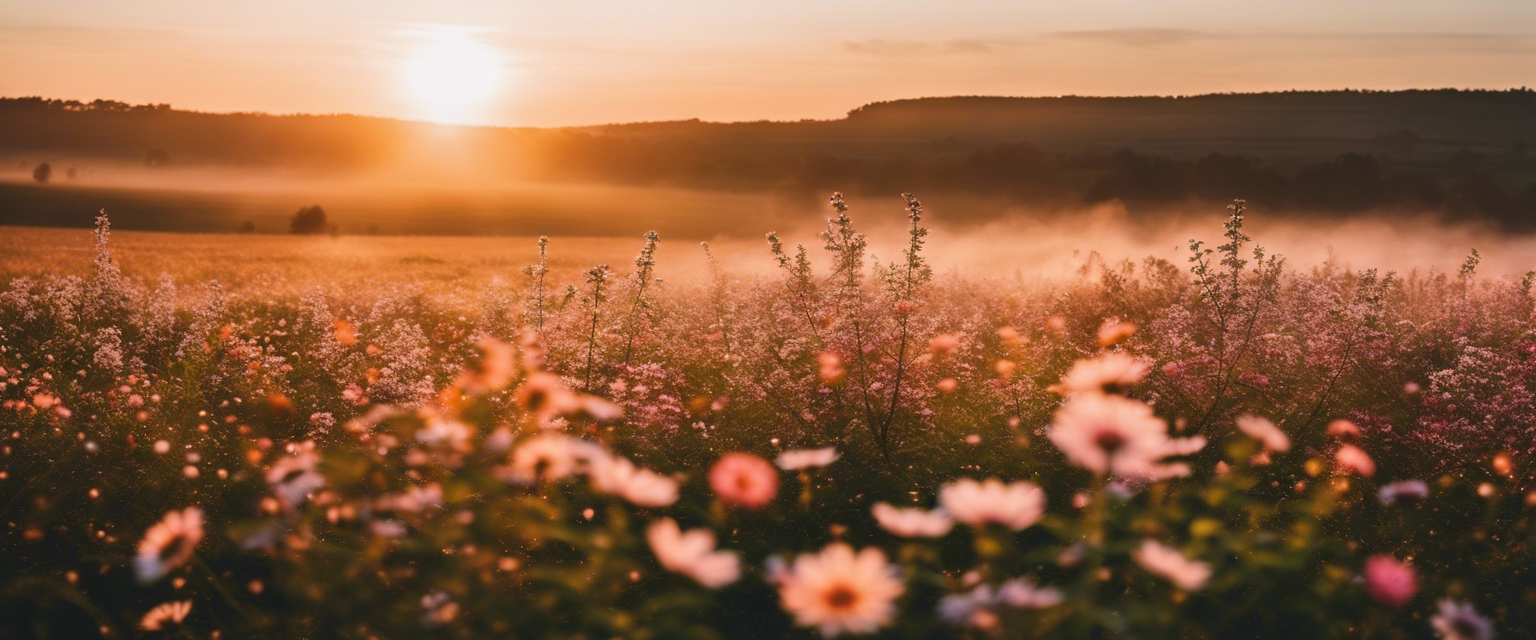 Spring sunrise illuminating a field of blooming flowers