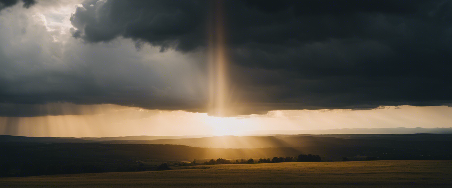 A beam of light breaking through dark clouds