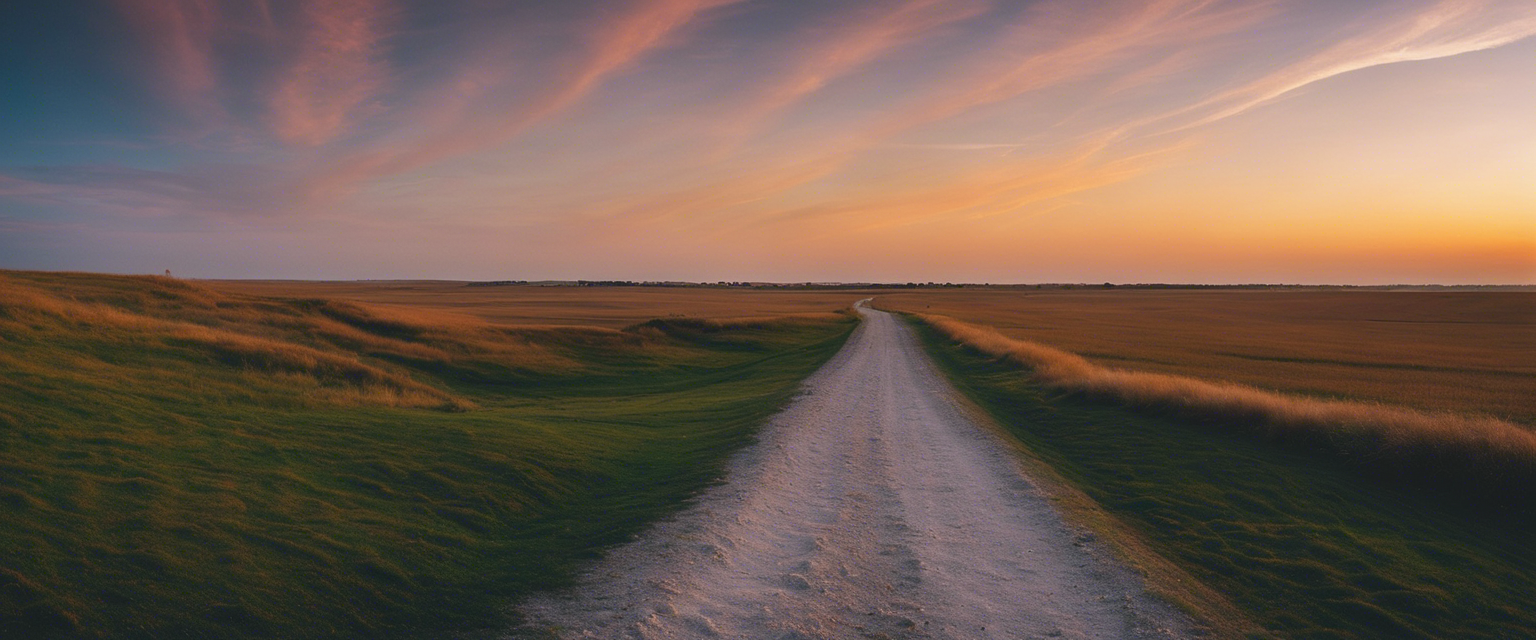 A beautiful landscape with a clear path leading towards a bright horizon