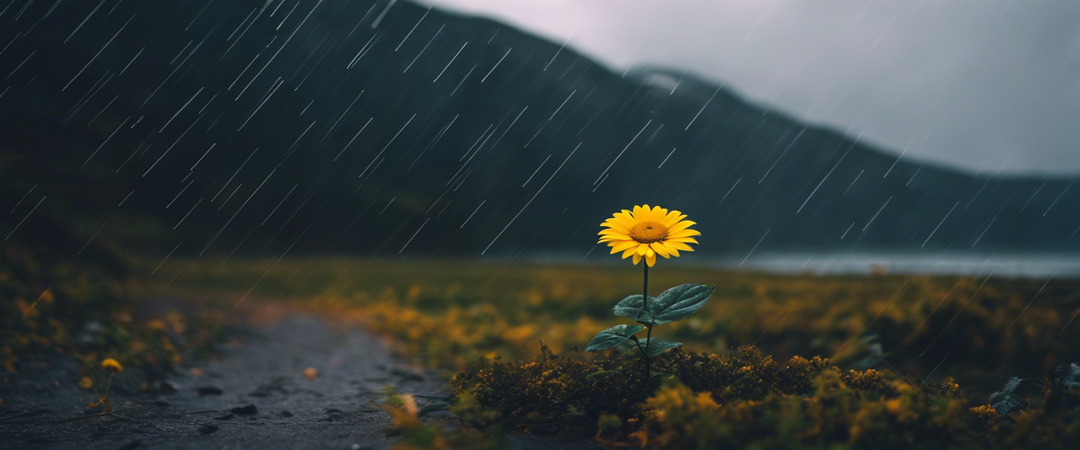 A blooming flower standing strong amidst a storm