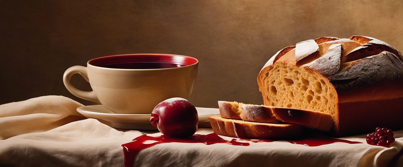 A photorealistic and highly detailed image of broken bread and poured wine, symbolizing Jesus' body and blood, against a serene and spiritual backdrop.