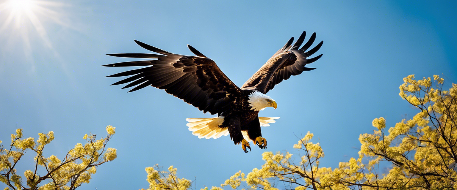 A serene depiction of an eagle soaring high against a backdrop of a beautiful spring morning