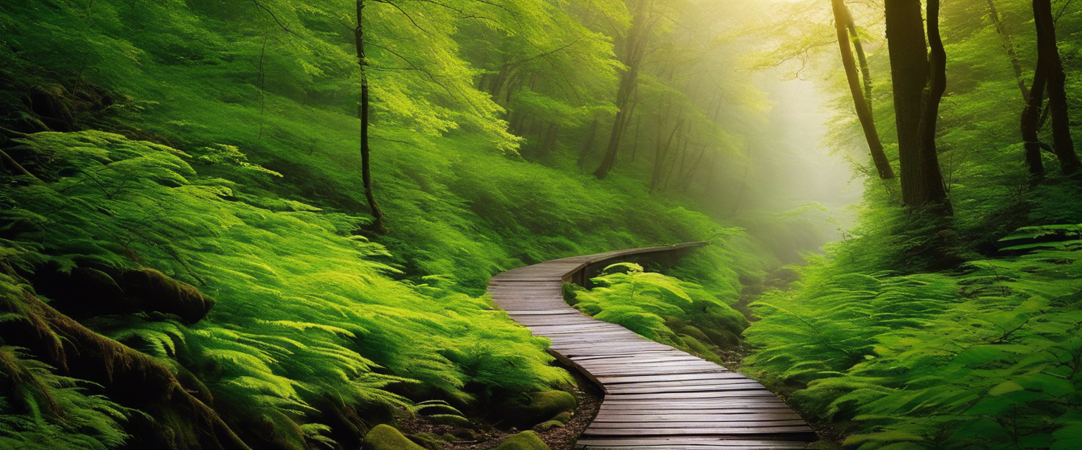 A serene path leading through a lush green forest