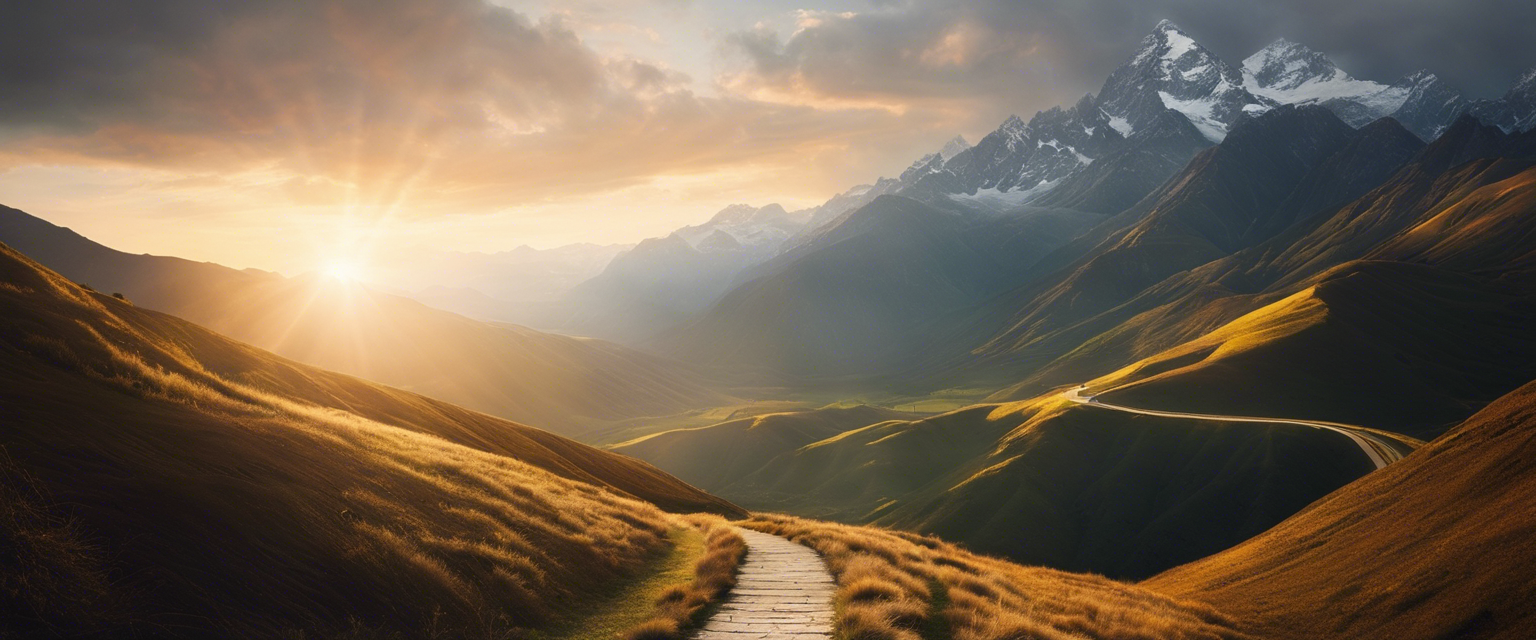 An illuminated path through a valley with mountains in the background