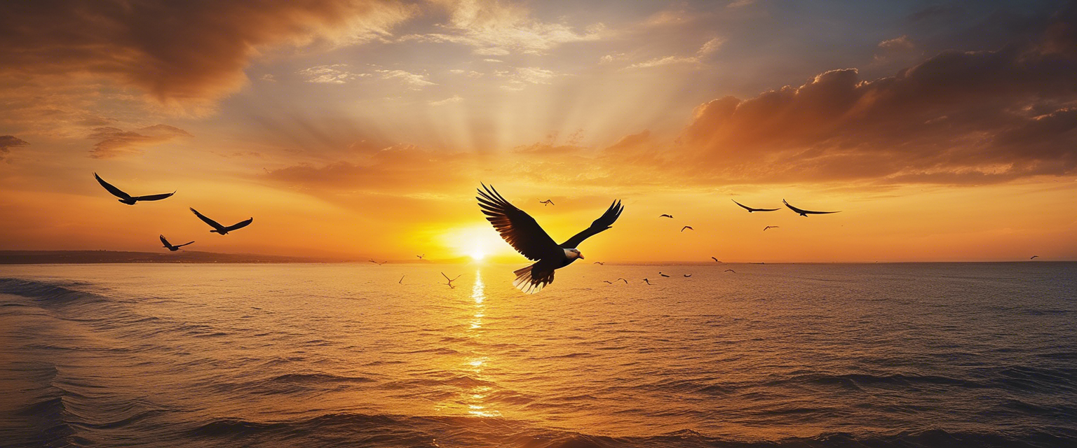 Birds soaring freely in the sky against a backdrop of a warm sunrise