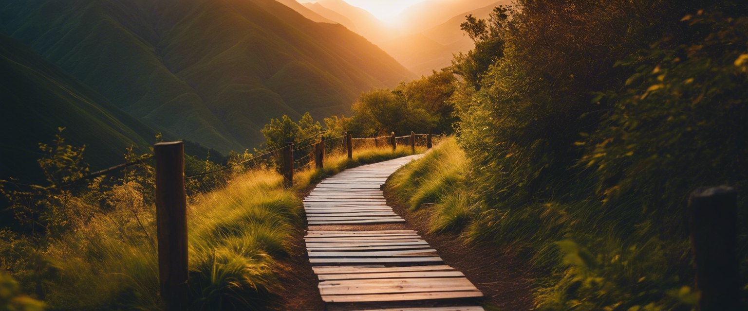 Mountain path leading towards a glowing sunrise