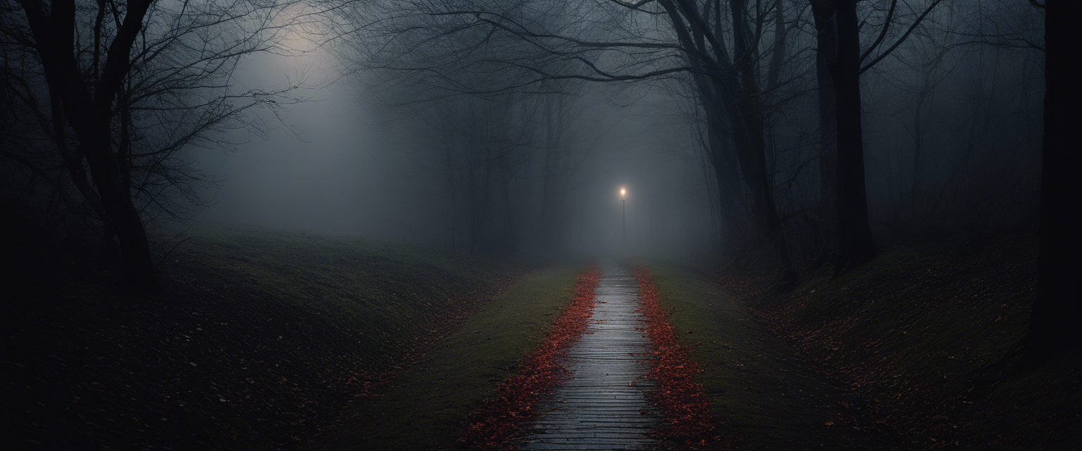 A dimly lit path illuminated by a faint, distant light