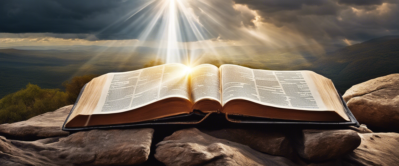 A beam of divine light piercing through a clouded sky onto an open Bible