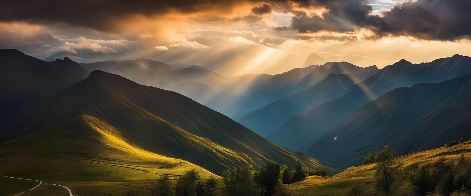 A radiant light breaking through a mountainous landscape