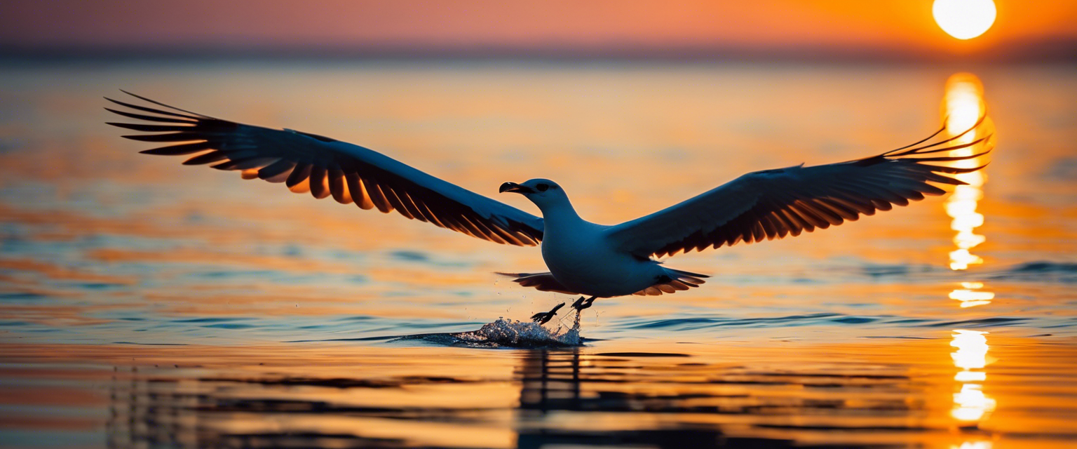 A bird soaring above a tranquil sea at sunrise, symbolizing financial liberation and trust in God.