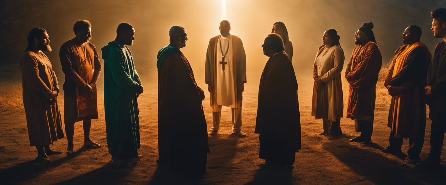 Group of individuals standing in a circle with radiant light emanating from the center